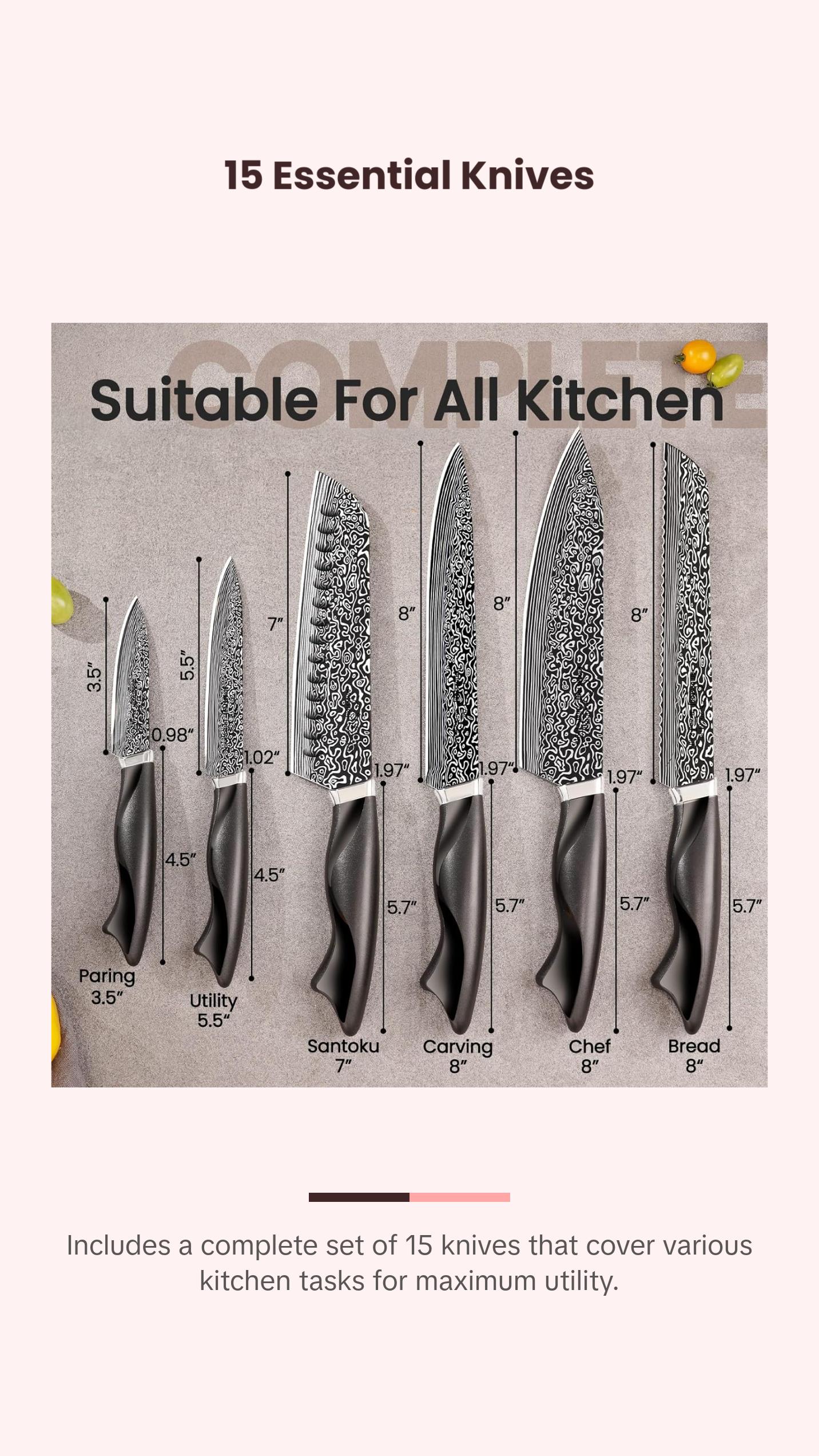 Amorston Knife Set 15 Pieces with Built-in Sharpener, High Carbon German Stainless Steel Knife Block, Dishwasher Safe