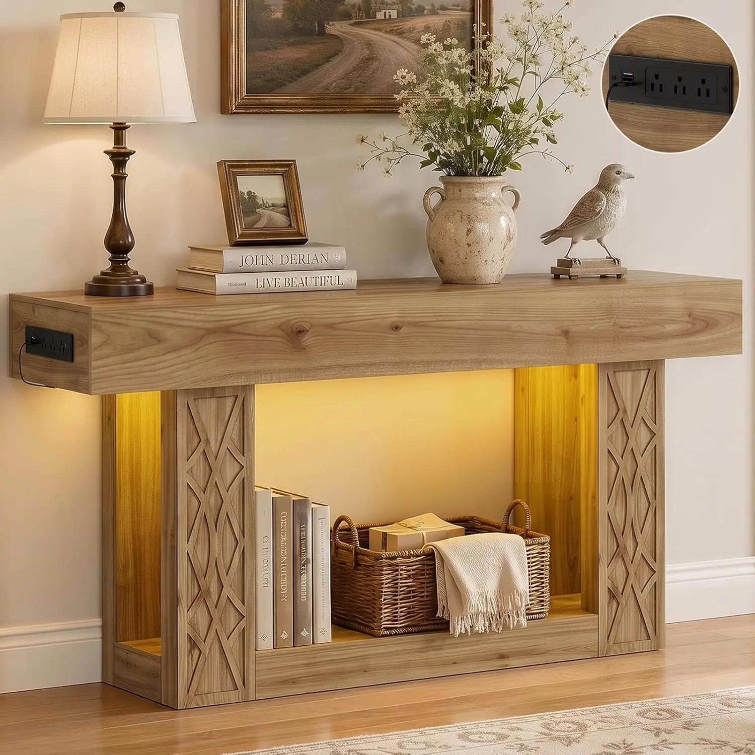Unikito 63" Console Table with Outlets & LED Lights, Farmhouse Entryway Table with Unique Geometric Pattern, Sofa Table Behind Couch with 2-Tier Storage for Living Room, Hallway, Foyer