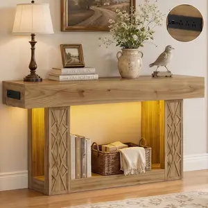 Unikito 63" Console Table with Outlets & LED Lights, Farmhouse Entryway Table with Unique Geometric Pattern, Sofa Table Behind Couch with 2-Tier Storage for Living Room, Hallway, Foyer