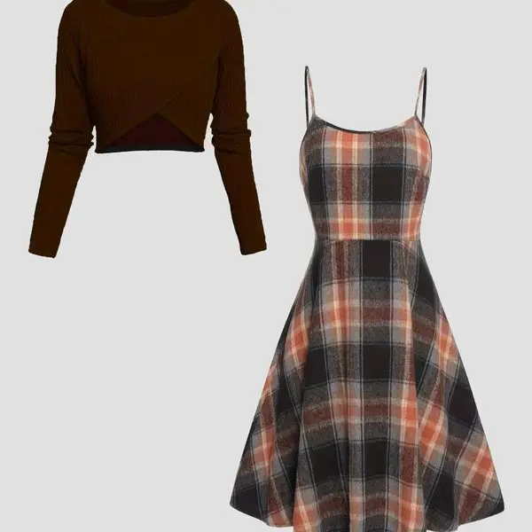 Women's Preppy Fashion Set - Solid Wrap Hem Crop Top & Plaid Print A-Line Dress, Cozy Skirt Set for Spring Fall, Comfortable & Stylish for Daily Wear(gift)