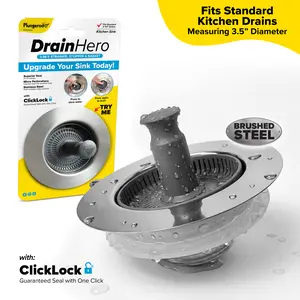 Drain Hero 3-in-1 Kitchen Sink Strainer Stopper Basket with Click Lock Seal, Micro Perforations, Superior Drain Protection, Durable Stainless Steel, Dishwasher Safe Sink Tool for Catching Food Particles, Preventing Clogs, and Blocking Unwanted Odors
