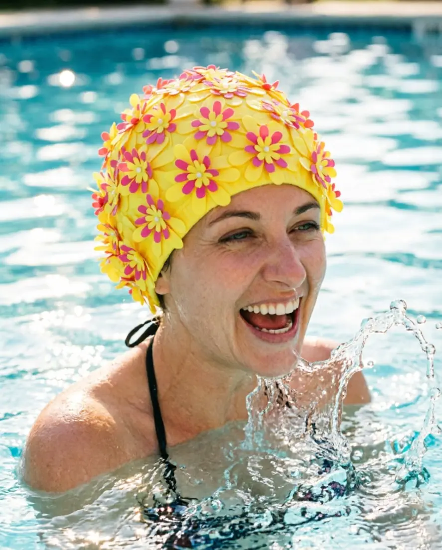 Women's Elastic Long Hair Swim Cap - Ear-Covering, Non-Constricting Fit, Handcrafted 3D Pearl-Flower Design, Hand-Stitched Double-Layer Fabric - Ideal for Swimming, Hot Springs