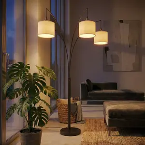 Royal 3 Arm Metal Arc Floor Lamp Oil Rubbed Bronze Linen Shade 4 Way Rotary Switch On Site