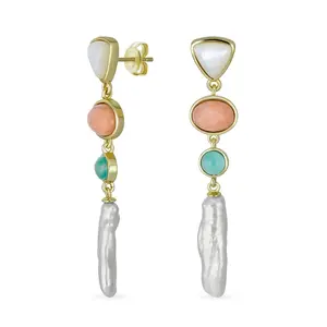 Modern Bridal Dangle Gemstone Earrings with Tri Tone Pastel Gemstones & Pearls