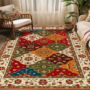 JIT 1pc imitation cashmere Bohemian color-blocked carpet, washable, suitable for living room. Soft material. Corner carpet, bedroom, dining room, office. Large indoor carpet. Rubber backing for anti-slip, low pile pad.