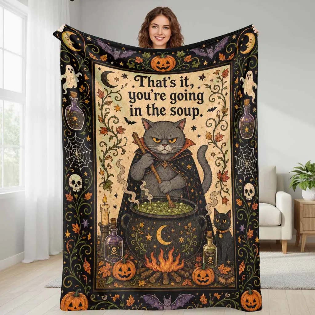 Witchy Cat Halloween Theme Flannel Throw Blanket - Flannel Fabric, Spooky Soup Pot Pumpkin Autumn Elements, Soft Cozy Lightweight Warm Plush Fleece, Multi-Size, Ideal for Living Room Decor, Home Décor, Sofa, Gifts