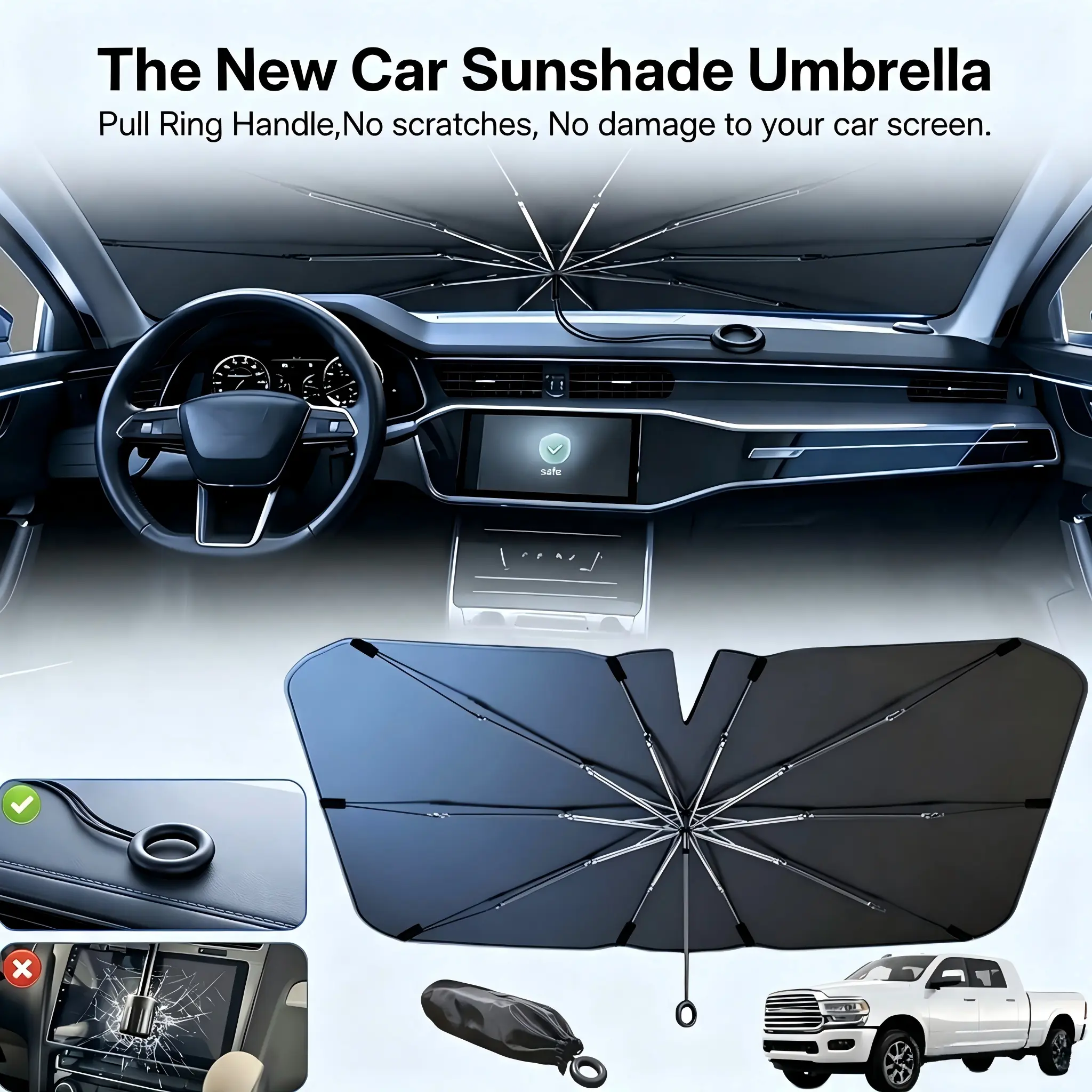 Portable Compact Folding Car Windshield Umbrella, Heat Blocker Exterior Accessory for Daily Use