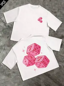 Unisex Loose T-Shirt, Back Printed Lucky Dice Pattern, Casual Fitted Street Style, Graphic Tee for Men and Women