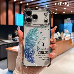 Electroplated Four Corner Anti-Fall Feather Bible Quote Psalm 91:4 Pattern Phone Case for iPhone 17 16 Pro Max 15 Plus 14 13 12 11 Air Shockproof Transparent Protective Cover