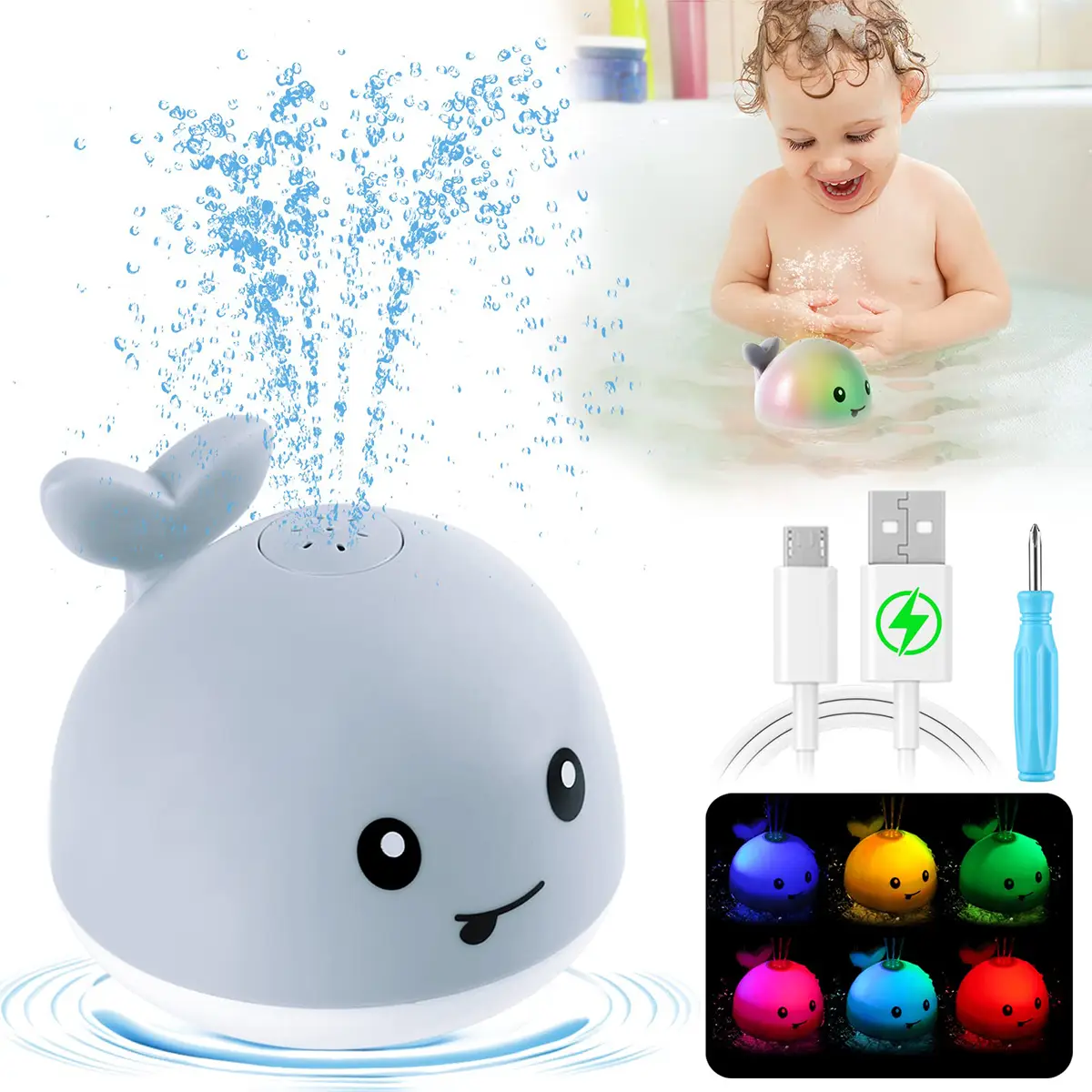 Rechargeable Whale Bath Toys, Light Up Bath Toys Sprinkler, Pool Bathtub Toys for Kids, Spray Water Fountain Birthday Gifts