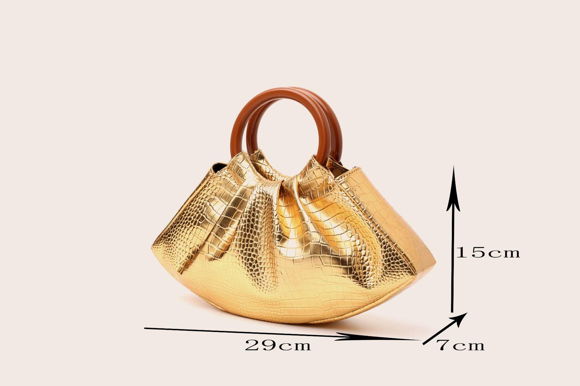 Women's Mini Ruched Evening Tote Bag, Faux Leather/Metallic Crocodile Print Handbag with Wooden/Leather Handle, Multiple Colors Shoulder Clutch