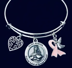 Patron Saint Agatha Breast Cancer Survivor Jewelry Charm Bracelet Adjustable Expandable Silver Bangle One Size Fits All Gift for Awareness