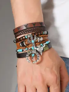 6 Piece Boho Turquoise Beaded Bracelet Set, Exquisite Bracelet, Handmade Multi-Layer Ethnic Style Jewelry, Cow Head Cactus Moon Pendants, Vintage Unisex Design