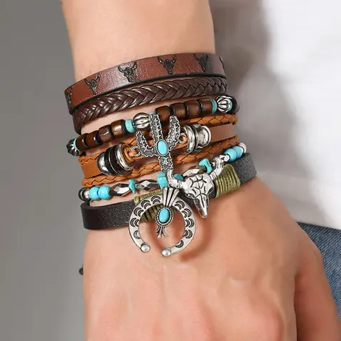 6 Piece Boho Turquoise Beaded Bracelet Set, Exquisite Bracelet, Handmade Multi-Layer Ethnic Style Jewelry, Cow Head Cactus Moon Pendants, Vintage Unisex Design