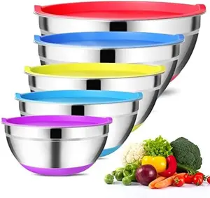 Set of 5 Stainless Steel Colorful Silicone Bottom Storage Bowls For Mixing And Prepping