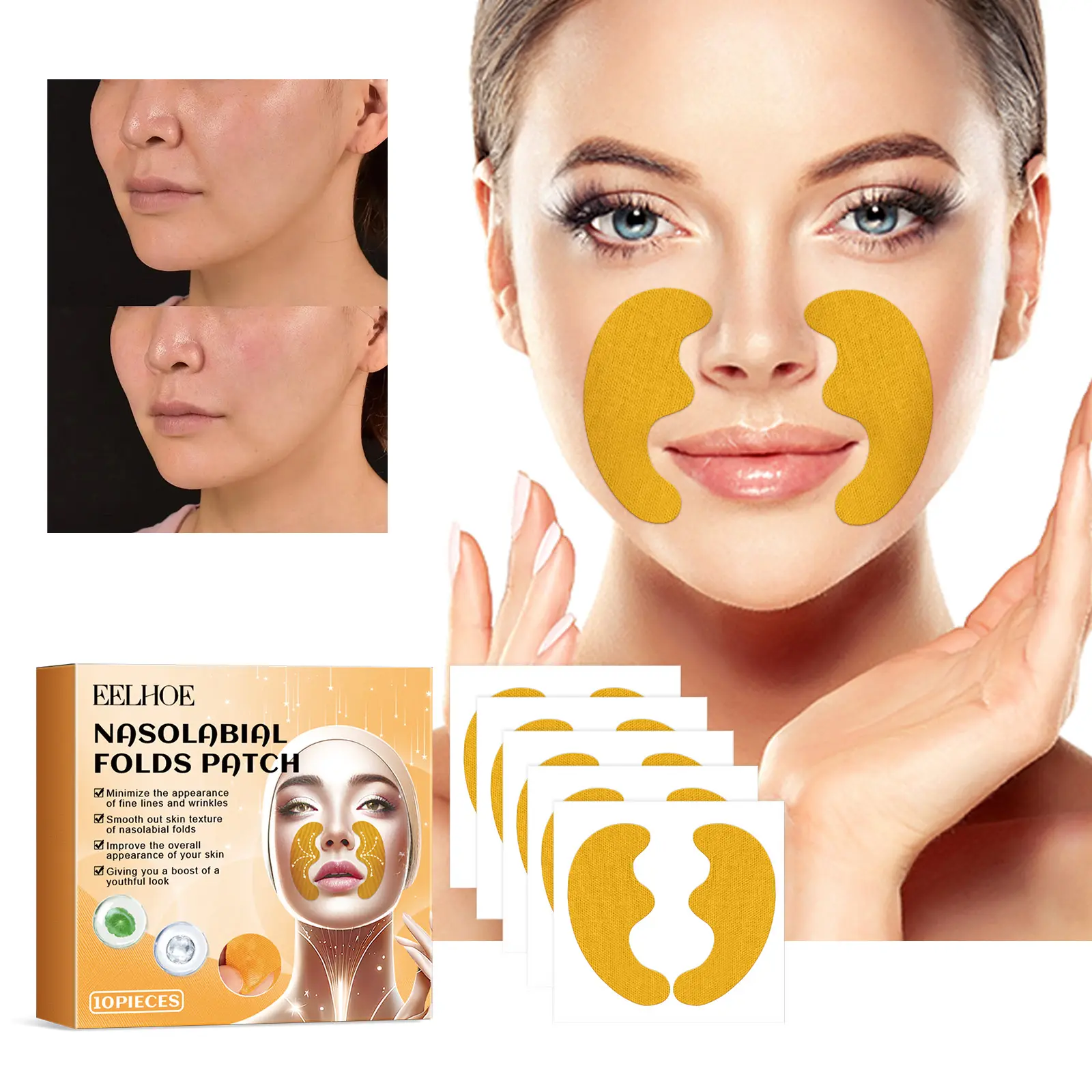 Grape Seed Extract Face Patches with Collagen, 5 Pairs Normal Moisturizing Lifting Mouth Stickers, Facial Skincare Product for Women & Men, Yellow Smooth Beauty Item