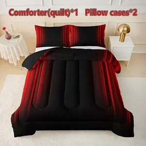 3-piece black and red striped quilt set (1 quilt + 2 pillowcases, without pillow inserts), featuring U-shaped quilting, with 200gsm filling. Suitable for all seasons, it is breathable, skin-friendly, soft, durable, and machine-washable, ideal for home, do