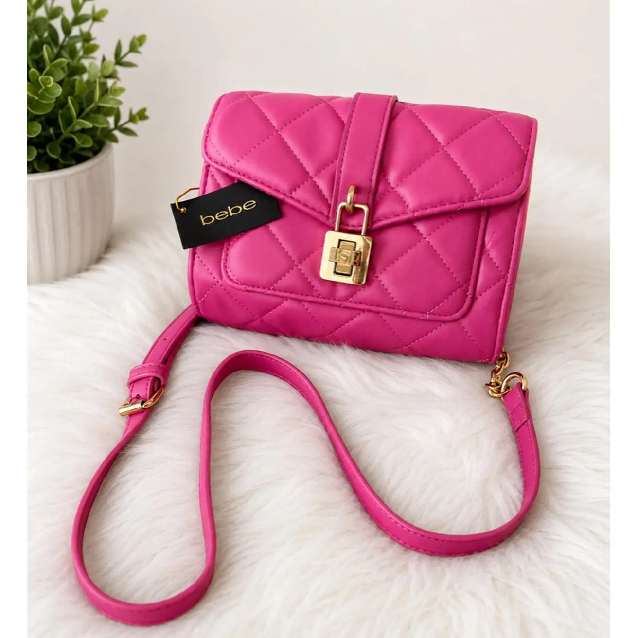 Bebe Hot Pink Quilted Crossbody Shoulder Bag with Gold-Tone Hardware Adjustable Strap Front Clasp Closure Synthetic PU Material