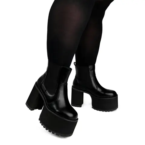 Foxblood Shop Women's Vegan Wide Calf Chelsea Boots - Black PU Block Heel, 3" Front Platform, Back Pull Tabs, Elastic Side Panels, Rubber Sole, Pull-On Daily Wear Stylish Footwear, Shoes for Women