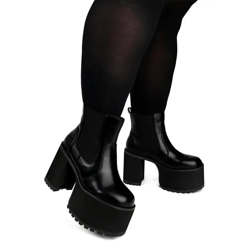 Foxblood Shop Women's Vegan Wide Calf Chelsea Boots - Black PU Block Heel, 3" Front Platform, Back Pull Tabs, Elastic Side Panels, Rubber Sole, Pull-On Daily Wear Stylish Footwear, Shoes for Women