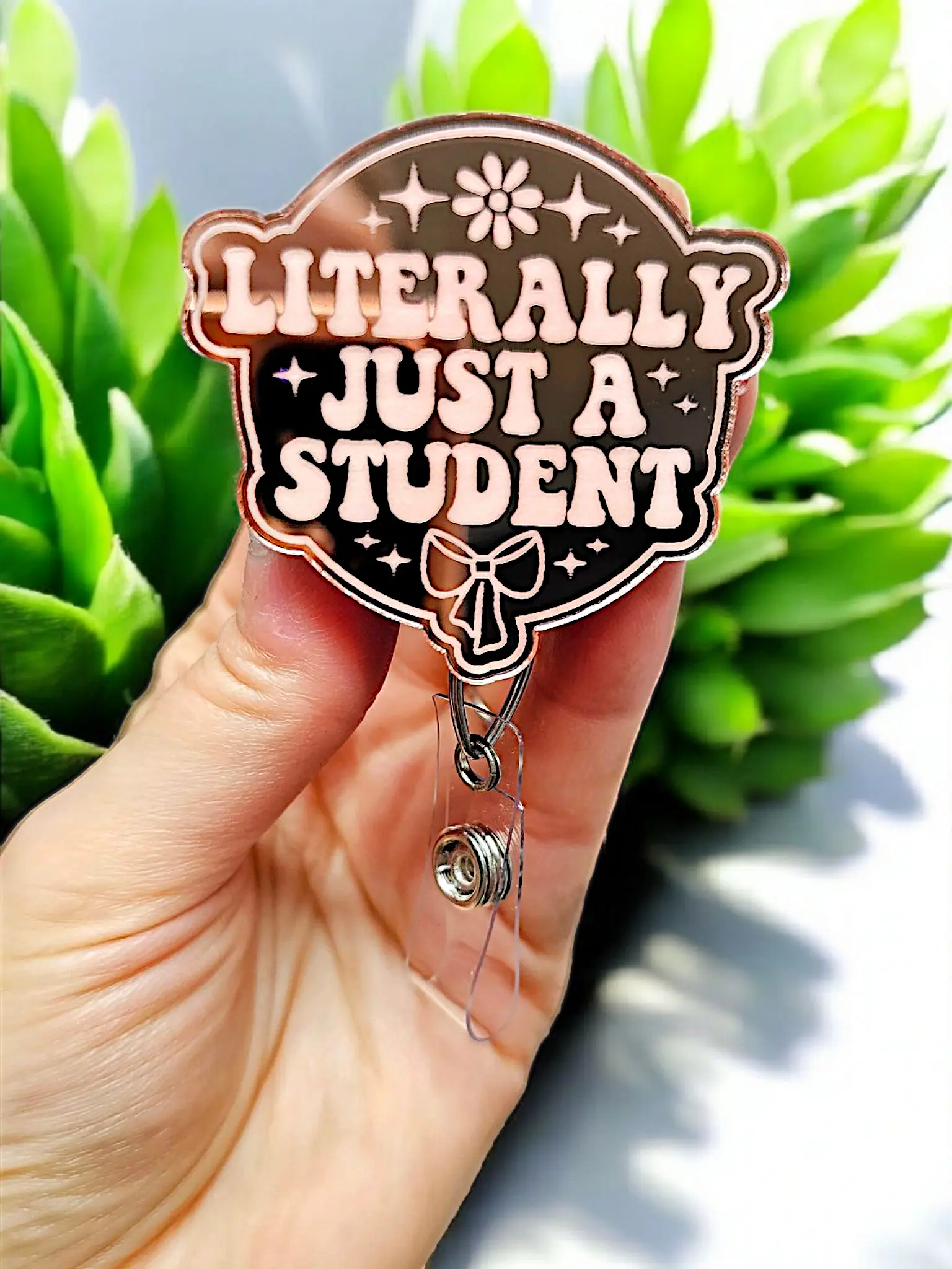 Literally Just a Student Badge Reel - Rose Gold Retractable Badge Xray Girl Creations, Funny Badge reel for nurses, xray techs and hospital workers. Retractable swivel clip with a 360 rotation. Cute Badge for Work. Badge clip, Badge pull