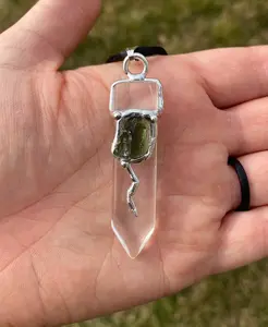 Moldavite & Clear Quartz Blade Amulet (Love & Transformation) Pendant with Black Satin Cord, Moldavite, Clear Quartz