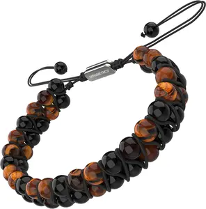 MagnetMD Doctor-Approved Magnetic Therapy Hematite Bracelet with Natural Tiger's Eye Gemstone - Double 8MM Beads Maximum Strength Magnets - Best Magnetic Bracelet for Pain - One Size Fits All