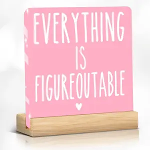 Pink Home Office Desk Decor, Inspirational Farmhouse Acrylic Plaque Sign for Tabletop Cubicle Shelf Desk Accessories Everything is Figureoutable Coworker, Friend Beautiful Bookshelf Decor