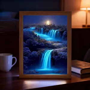 Blue Forest Waterfall Creative Mirror, LED Art Frame, Wall or Table Decor, Three Light Color Adjustments, Birthday Gift