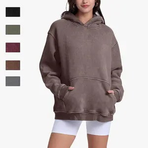 Women's Brown Acid Washed Oversized Hoodie - Boho Vintage Streetwear Casual Pullover with Retro Distressed Finish