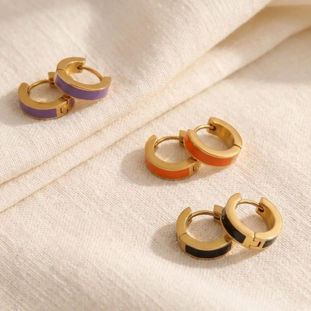 Enamel Huggie Hoops in Black, Purple & Orange | 18K Gold-Plated Stainless Steel