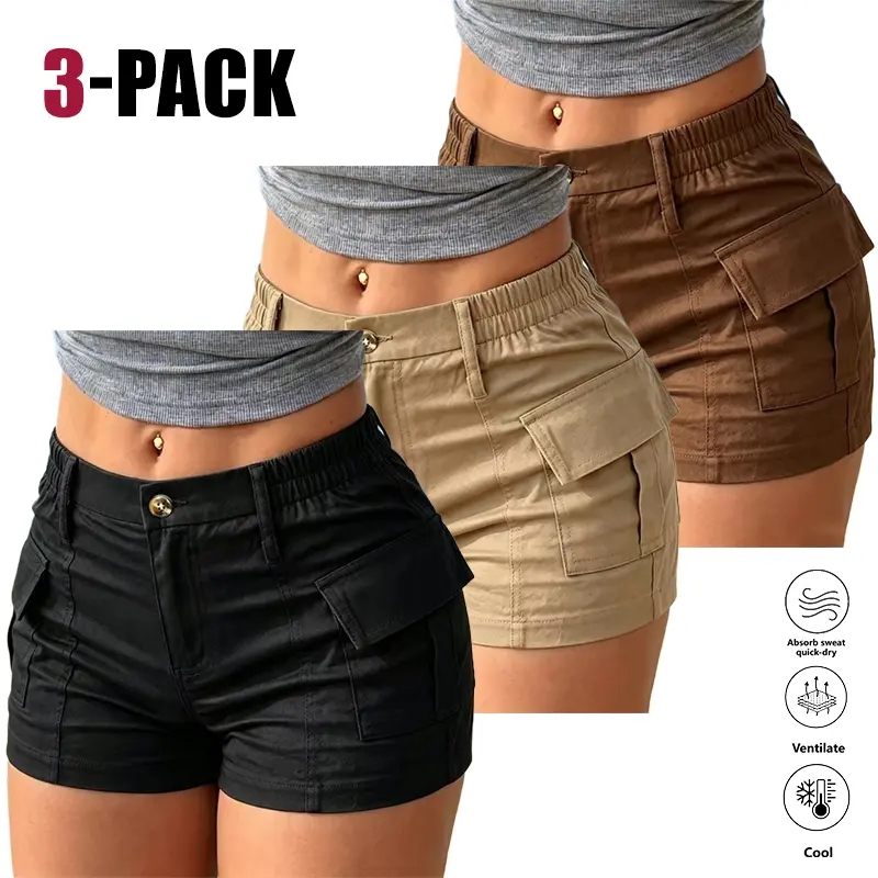 Life keeps moving — 3/1pack new summer women’s cargo shorts with dual pockets and multiple side pockets, button waist; skin-friendly, breathable, soft, and comfortable material—stylish, youthful, versatile.
