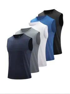 Men's 5pcs Solid Round Neck Sleeveless Sports Vests, Breathable Comfortable Quick Drying Sweat-absorbing Tank Tops for Outdoor Activities, Sport & Outdoor Clothing for Summer