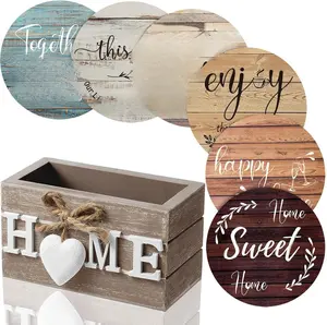 Queekay Housewarming Gifts for Home Decoration Wooden Heart Coasters for Drinks 6 Set Farmhouse Coasters with Holder Funny for Family Coffee Table Protection, 4''(Classic Farmhouse)
