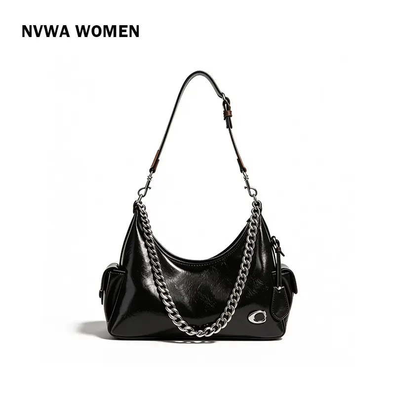 Biker Core Black Purse Women's Patent Faux Leather Crescent Handbag Chunky Chain Shoulder Bag Adjustable Strap for Club Streetwear trendy all-match commuter bag