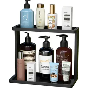 Bamboo Bathroom Organizer Countertop – Small Vanity Storage Shelf for Makeup, Perfume, Skincare – Natural Cosmetics Display Rack for Dresser, Sink, Kitchen –Black