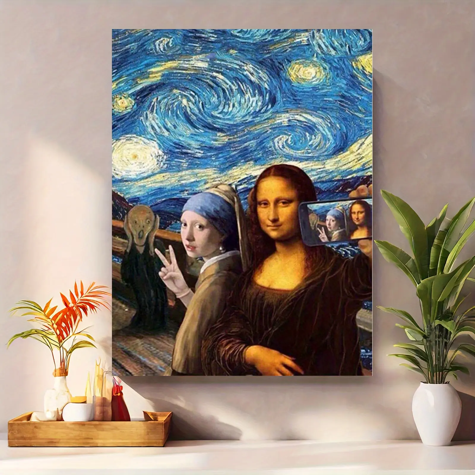 [2D Flat] 1pc of Canvas Art Featuring an Abstract Selfie of The Mona Lisa, a Watercolor Poster of Starry Night, And a Fun, Creative  Canvas Painting for Wall Decoration. Suitable for Home Bedrooms, Kitchens, Living Rooms, Bathrooms Artistic