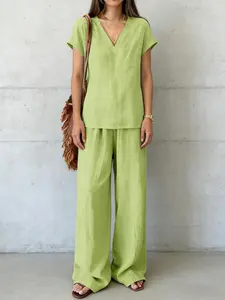 Two Piece Set -Short Sleeves Top Wide Leg Pants Set  TwoPieceSet  WideLegPants Loungewear Mother's Day gift  for Beach, Vacation & Brunch