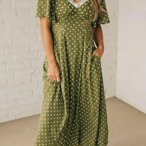Hotapei Summer Polka Dot Print Lace Collar Elastic High Waist Long Dress, Casual Chic Dress, Women's Casual Fashion, Perfect for Parties and Daily Wear