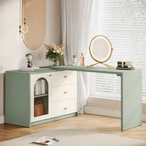 Modern  Vanity With 3 Drawers And Cabinet, Retractable Large  Corner Dressing Table For Bedroom, Living Room makeup