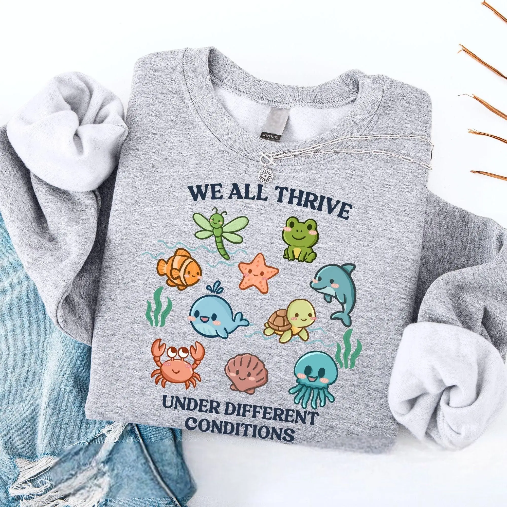 We All Thrive Ocean Neurodiversity SPED Teacher T-Shirt, Sweatshirt - Sea Ocean Teacher Neurodiversity, Support Autism, Neuraffurming Therapist