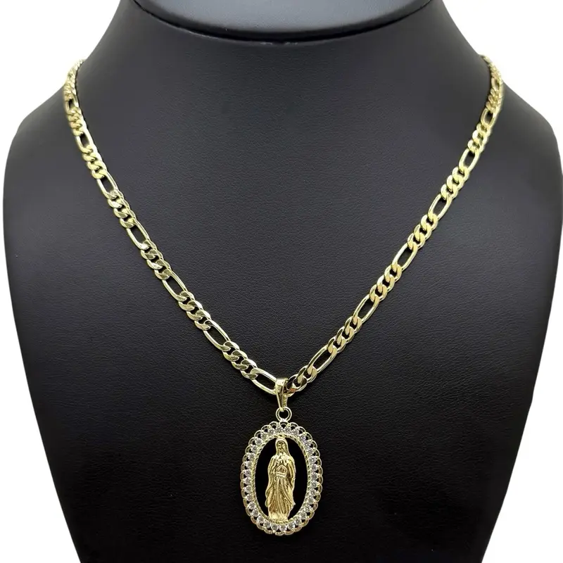 #302 14K Laminated Virgin Guadalupe Pendant with Figaro Chain 22 Inch Long 4mm Wide High Quality Necklace
