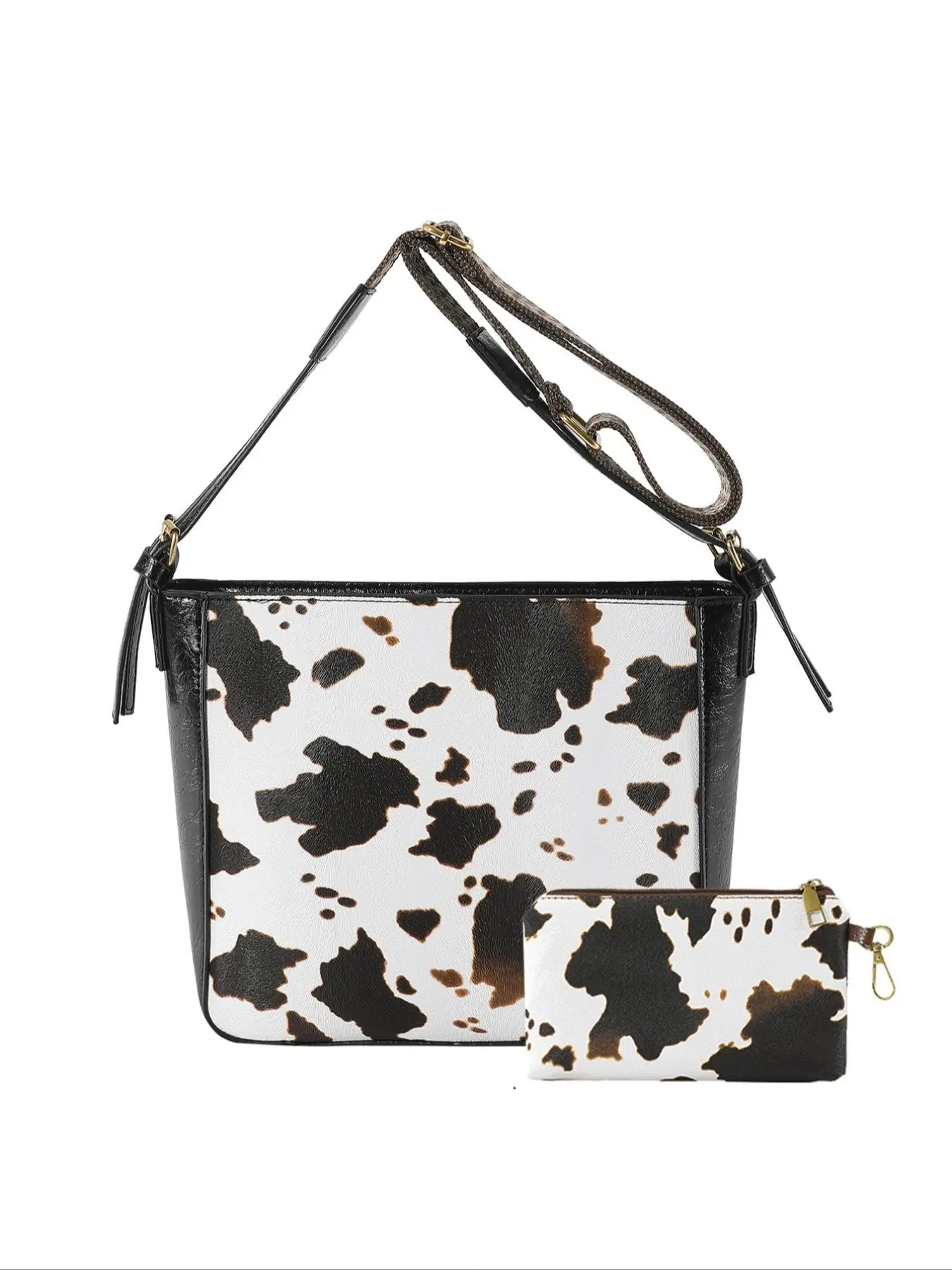Niche cow pattern stitching contrast shoulder bag, casual and versatile shoulder bag, personality versatile classic cow pattern shoulder bag, fashion suitable for daily commuting, shopping and dating, Crossbody Purse, Pu Tote Satchel, Cow Print Bag