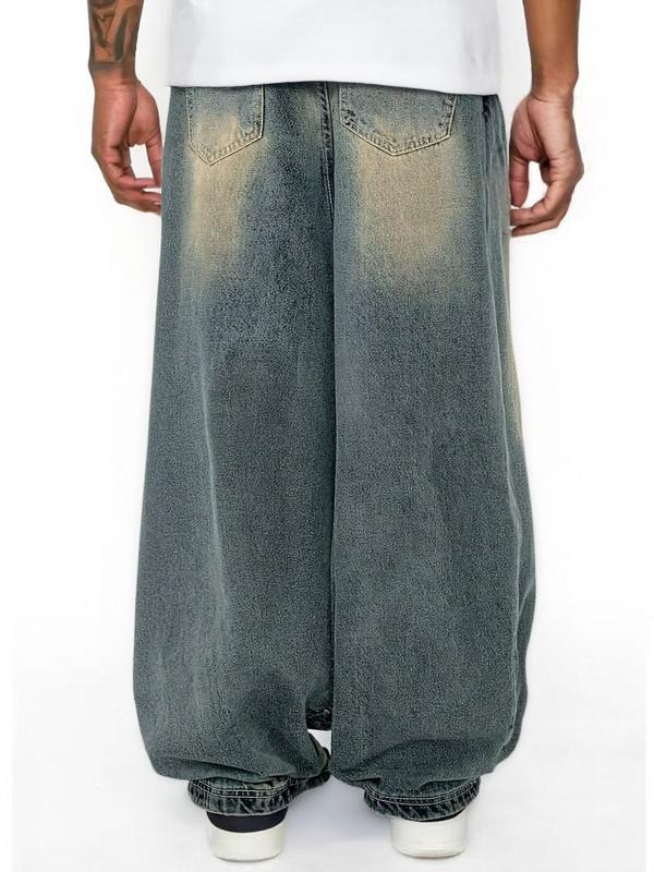 Clean Gent Vintage Washed Jeans Men's Loose Fit Wide Leg Denim Pants American Street Style Casual Trendy All Season Apparel