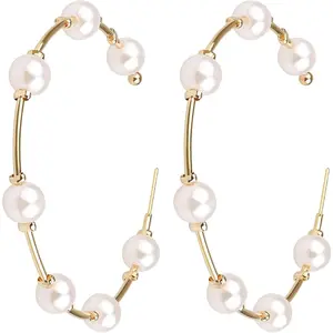 Pearl Earrings Dangle Large Hoops Circle Pearl Hoop Earrings for Women Trendy Hypoallergenic Pearl Drop Earrings Elegant Wedding Party Jewelry Gift