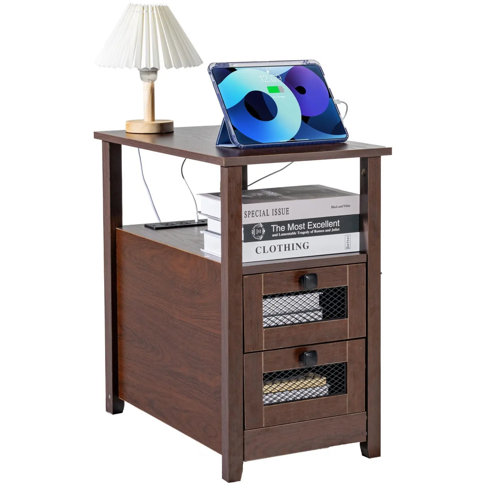VEVOR Farmhouse End Table - Rustic Home Decor Nightstand with Charging Station, 4 Tiers, Storage Cabinet, 2 Drawers, USB Ports & Outlets, 6.5 ft/2 m Cord Length, Easy Assembly (Assembly Required), for Living Room, Bedroom, Brown#BacktoSchool