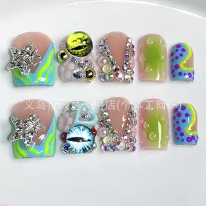 Handmade Press on Nails Short Square 3D French Tip Thick Acrylic Fake Nails Y2K False Nails with Polka Dots Eyes Charms Rhinestones Stars Water Drop Designs Sturdy Nail Art Press on Nails 10Pcs