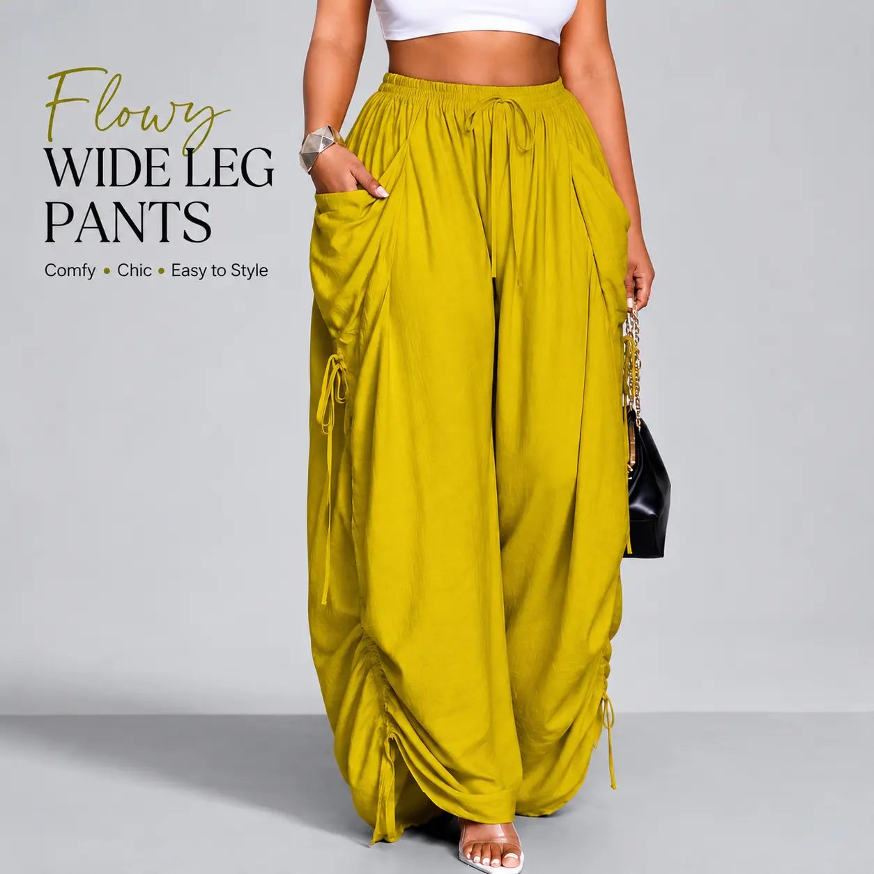 Women’s High Waist Flowy Wide Leg Palazzo Pants - Minimalist Basic Baggy Oversized Bottoms with Pockets, Drawstring, Adjustable Side Ruched Ties for Casual Daily Wear, Loose, Bottom, Lady, Comfortable, Women's Fashion, Cotton Fabric, Plain, All Seasons
