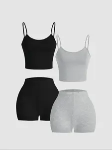 Two-Piece Set Women's Solid Crop Cami Top & Elastic Waist Shorts Set, Casual Sleeveless Spaghetti Strap Crop Top & Shorts for Summer, Ladies Clothes for Daily Wear