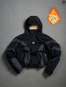 Y2K windbreaker jacket featuring a color-block design, fleece-lined interior for added warmth, paired with outer panels and embroidered details; adjustable drawstring hood and hem design; windproof, warm, anti-pilling, suitable for everyday commuting and